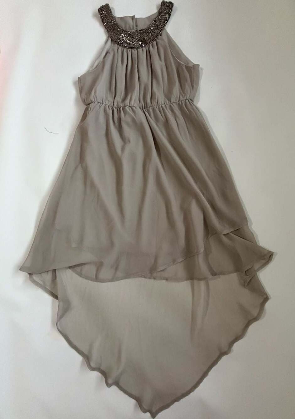 Dex Womens M Taupe Beaded Neck High Low Dress Sleeveless Chiffon Party Cocktail